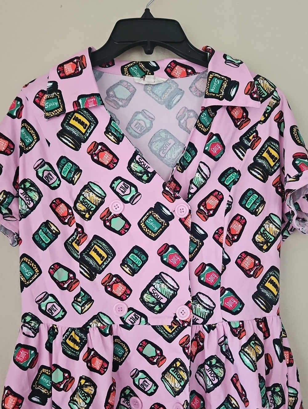 Pink Short-Sleeve Button-Front A-Line Dress with Pickle Jar Print XL - Picture 2 of 6